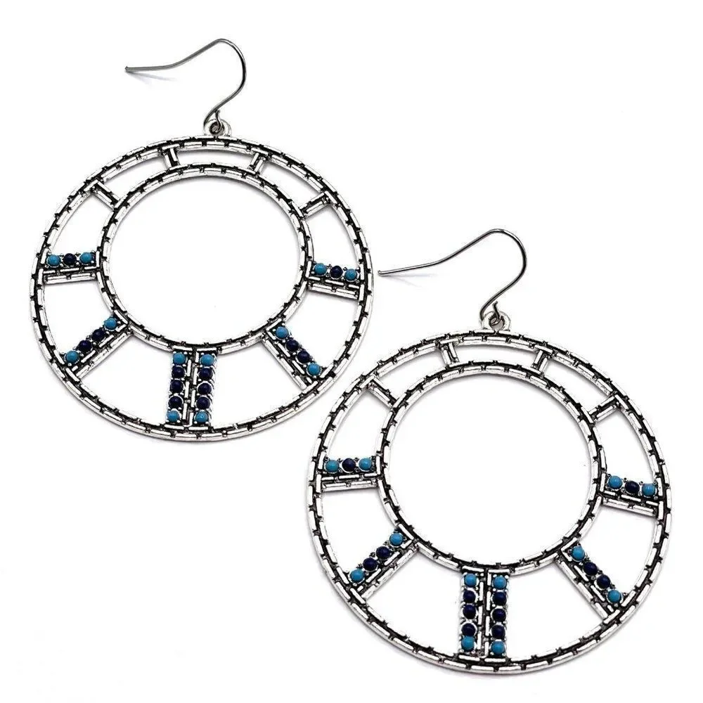 Silver with Navy and Turquoise Oil Drip Boho Open Round Hoop Earrings